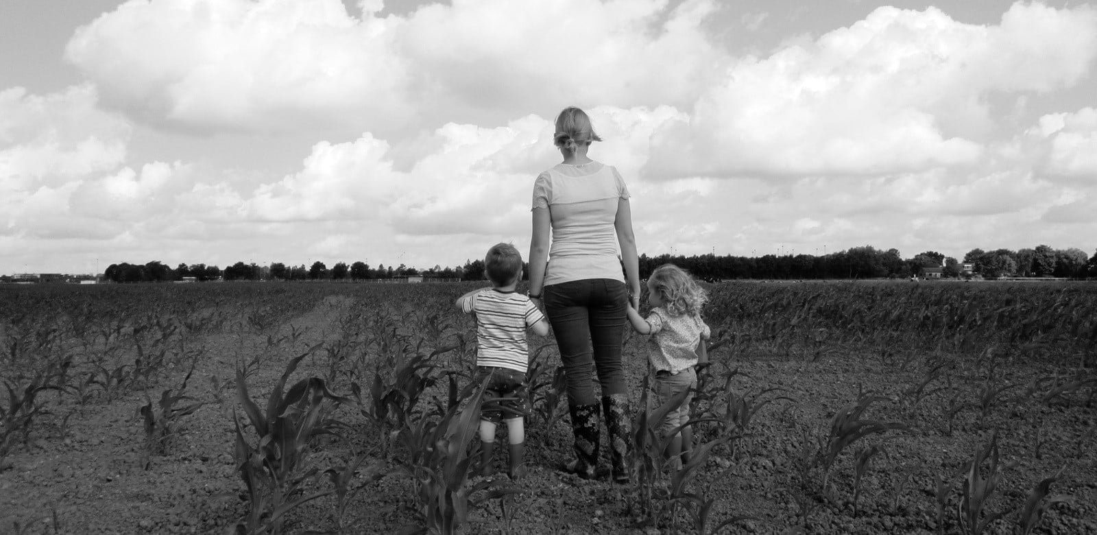 Rückansicht einer Frau mit Sohn und Tochter an der Hand auf einem Feld